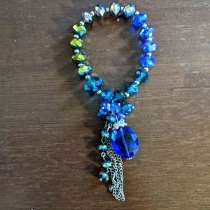 EUC Sparkly Ombre Blue to Gold Cut Glass Stretch Bracelet with Dangle
